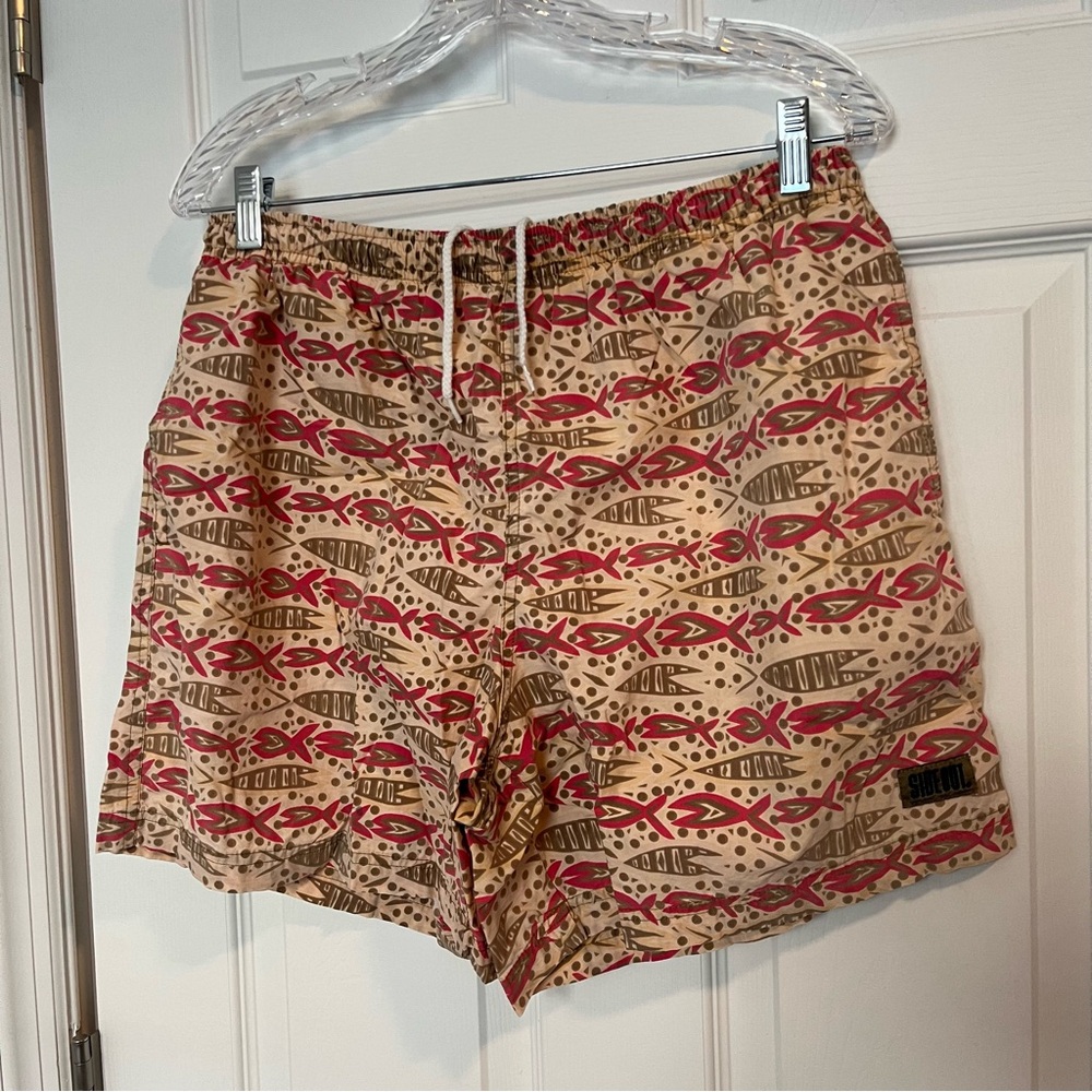 Vintage SIDEOUT Swim Trunks L Abstract Fish Print Hawaiian Board Shorts Pink Tan